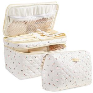 2pcs Travel Makeup Bag, Large Cotton Quilted Makeup Bag Cosmetic Bag Cute Make😛